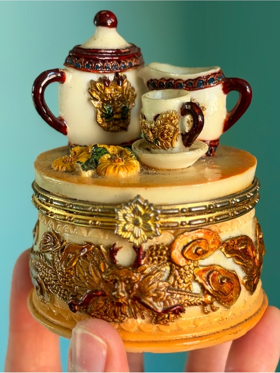 Other - Miniature Tea Set Trinket Box - Cream & Burgundy Accents